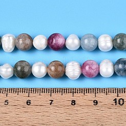 Нити рифленых бусин из натурального белого нефрита круглой огранки и натурального культивированного пресноводного жемчуга в форме картофеля X-PEAR-N019-05