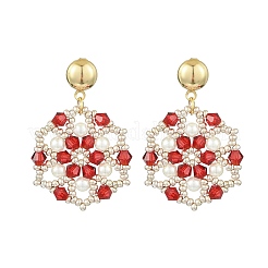 Цветочные серьги-гвоздики ручной работы из стеклянных бусин и ракушечного жемчуга EJEW-MZ00361