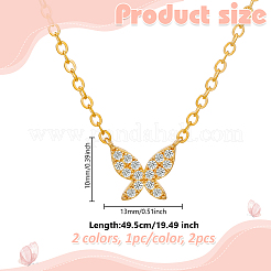 2 шт. 2 цвета латунь микро паве прозрачный кубический цирконий бабочка кулон железная цепь ожерелья для женщин&nbsp;NJEW-HY0001-20