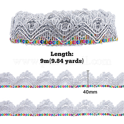 きらめきのポリエステル レースのリボン  スパンコール  服飾材料  花と三角形  銀  1-5/8インチ（40mm）  約9.84ヤード（9m）/カード&nbsp;OCOR-WH0080-16A