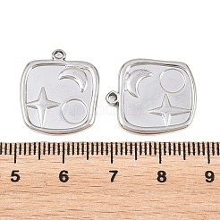 304ステンレスペンダント  太陽のある正方形  月と星のチャーム  ステンレス鋼色  19x17x2mm  穴：1.2mm&nbsp;STAS-L317-39P