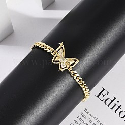 真鍮製マイクロパヴェキュービックジルコニアコネクターブレスレット  女性用キューバチェーンジュエリー  蝶  18KGP本金メッキ  7-3/8インチ（18.7cm）  ペンダント：30x20x4mm&nbsp;BJEW-M050-04G-03