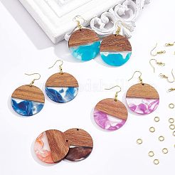ツートンカラーのダングルイヤリングDIY製作キット  透明樹脂＆ウォールナットウッドペンダントを含む  フラットラウンド  真鍮のピアスフックと丸カン  ミックスカラー  ペンダント：10ピース/セット&nbsp;DIY-OC0008-04