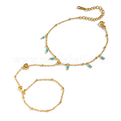 Armbänder mit runder Quaste aus synthetischem Türkis und herzförmigem Kettenring aus Edelstahl 304 für Damen&nbsp;NM6951