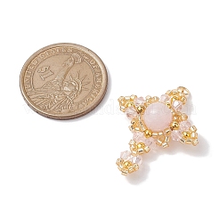 天然ローズクォーツ、ガラス、真鍮ビーズペンダント  クロスチャーム  ゴールドカラー  33x26x8mm  穴：2.8mm&nbsp;PALLOY-MZ00266-03