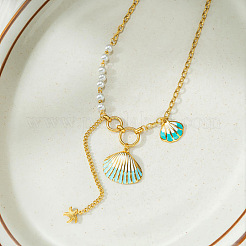 Collares con colgante en forma de concha de acero inoxidable 304 esmaltado con perla de plástico blanca para mujer&nbsp;WGC94A0-01