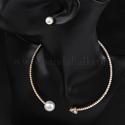 Круглые пластиковые серьги-гвоздики с имитацией жемчуга и колье-чокер с сердечками из кубического циркония и стразами SJEW-U003-10G