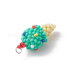 ガラスシードビーズのアイスクリームペンダント  304ステンレススチール製丸カン付き  グリーン  30.5x13mm  穴：2.5mm&nbsp;PALLOY-MZ00550-02