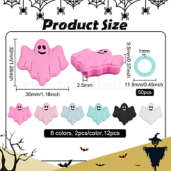 12 шт. 6-х цветные пищевые силиконовые бусины с изображением призрака на Хэллоуин с 50 пластиковыми кольцами-маркерами для вязания SIL-BC0001-10