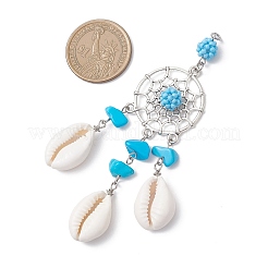 Сплетенная из сплава паутина/сетка с бусинами из синтетической бирюзы и кисточками из натуральных ракушек каури PALLOY-MZ01090