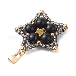 天然ブラックオニキス（染色・加熱）スターペンダント  ガラスシードビーズで  ゴールドカラー  28x27x6.5mm  穴：6x2mm&nbsp;PALLOY-JF03116-01