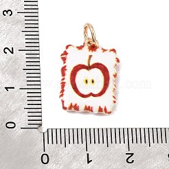 真鍮チャーム  リンゴのチャームが付いた長方形  ゴールドカラー  レッド  19x14x3.5mm  穴：3.5mm&nbsp;KK-CBA867D-02B