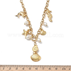 Женские ожерелья с подвесками в форме ракушки дельфина из нержавеющей стали 304 и пластика с жемчугом NJEW-G180-02G