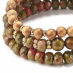 3pcs 3 style bois de santal naturel et ensemble de bracelets extensibles perlés unakite&nbsp;BJEW-JB07942