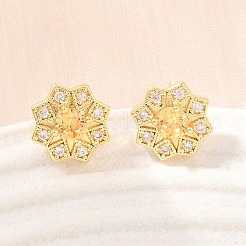 真鍮製 マイクロパヴェ キュービックジルコニア スタッドピアス 女性用  花  カドミウムフリー＆鉛フリー  長持ちメッキ  ラックめっき  18KGP本金メッキ  ゴールド  9.5x10.5mm&nbsp;KK-A305-03G-01