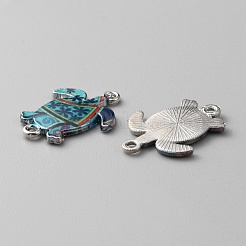 亜鉛合金エナメル コネクタ チャーム  プラチナ  花柄のウミガメリンク  ディープスカイブルー  24x18x2mm  穴：1.7mm&nbsp;FIND-WH0136-19J