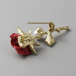 クリスタルラインストーンのバラの花、プラスチックパールビーズのブローチピン付き  バックパックの服のための黄金の合金のバッジ  レッド  53.5x27x15.5mm&nbsp;JEWB-WH0030-14A-G