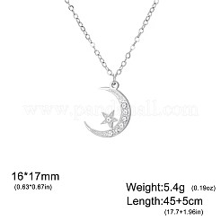 304ステンレススチール製クリスタルラインストーン付き月と星のペンダントネックレス（ユニセックス）  ステンレス鋼色  17.72インチ（45cm）&nbsp;WGDDE1C-01