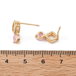 菱形とフラットラウンドい真鍮のマイクロパヴェキュービックジルコニアスタッドピアス（女性用）  カドミウムフリー＆鉛フリー  長持ちメッキ  ラックめっき  ゴールドカラー  パールピンク  13.5x7mm&nbsp;EJEW-G428-20G-04