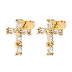 Серьги-гвоздики в форме креста с микропаве из прозрачных кубических цирконий из латуни&nbsp;EJEW-K267-41G