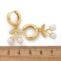 Серьги-кольца из вишневой латуни с микропаве из прозрачных кубических цирконий и искусственного жемчуга ABS EJEW-M077-01G