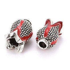 4花弁合金エナメルビーズキャップ  鉛フリー＆カドミウムフリー  花  アンティークシルバー  レッド  11x6mm  穴：2mm&nbsp;ENAM-I050-01AS-01