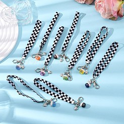 Фарфоровый кот удачи с клетчатым узором из полиэстеровых лент&nbsp;HJEW-JM03473