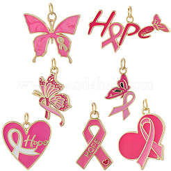 7 шт. 7 стиля октябрь розовая лента для осведомленности о раке груди латунные эмалевые подвески&nbsp;KK-BBC0020-36