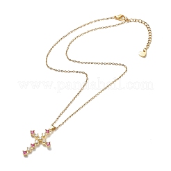 Колье с кулоном в виде креста из кубического циркония цвета фуксии&nbsp;NJEW-JN04084