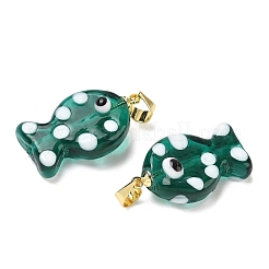 手作りランプワークペンダント  魚  真鍮  長持ちメッキ  ラックめっき  ゴールドカラー  ティール  23~24x13~14x7~8.5mm  穴：4.5x4mm&nbsp;LAMP-G168-04J