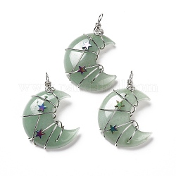 Natural Green Aventurine Pendants, with Platinum Tone Brass Wire Wrapped and Hematite Star Beads, Cadmium Free & Lead Free, Moon, 45.5~47x32.5~33.5x11~12mm, Hole: 5mm