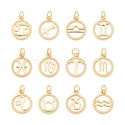 SUPERFINDINGS 12 Styles Brass Twelve Constellation Pendant 14.5x12mm Golden Flat Round with Zodiac Sign Jewelry Charms Micro Pave Cubic Zirconia Charm for DIY Bracelets Necklaces Making,Hole: 3.4mm