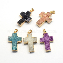 Plated Natural Druzy  Agate Cross Pendants, with Light Gold Plated Brass Findings, 34~38x23~25x7~14mm, Hole: 6x5mm