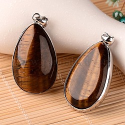 Natural Tiger Eye Teardrop Pendants, with Platinum Plated Brass Findings, 46x26x14mm, Hole: 6x4mm