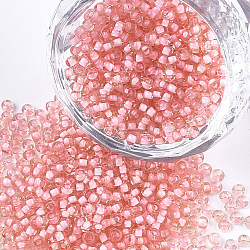 Perline di semi di vetro rotonde di grado 12/0, colori all'interno trasparenti, roso, 2x1.5mm, Foro: 0.7 mm, circa 48500pcs/libbra