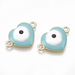 Alloy Links connectors, with Enamel, Heart with Evil Eye, Light Gold, Dark Turquoise, 13.5x20.5x4.5mm, Hole: 1.8mm