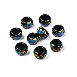 Perline di rondelle in acrilico opaco con stampa floreale, perline con foro grande, nero, 15x9mm, Foro: 7 mm