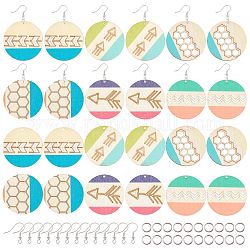 SUNNYCLUE DIY 12Pairs Printed Natural Poplar Wood Earring Making Kits, Including 6 Styles Pendants, Brass Earring Hooks and Iron Jump Rings, Mixed Color, 49.5x3mm, Hole: 2mm