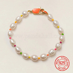 Pulseras de perlas naturales para mujer, con cuentas de vidrio y 925 fornitura de plata de ley., real 18k chapado en oro, 7.09 pulgada (18 cm)