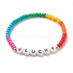 Wort Lucky Stretch-Armbänder, Perlenarmbänder aus Messing, undurchsichtigem Acryl und Backfarbe aus Glas, Farbig, 0.4~0.7 cm, Innendurchmesser: 2-1/4 Zoll (5.7 cm)