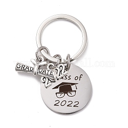 Graduation Theme 201 Stainless Steel Keychain Clasps, Flat Round with 2022 & Diploma, Hat Pattern, 52mm