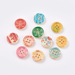 Printed Wooden Buttons, 4-Hole, Dyed, Flat Round, Mixed Color, 15x3.5~4mm, Hole: 2mm