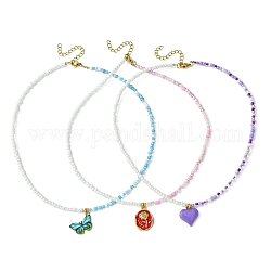 Colliers avec pendentif en alliage d'émail, 3 pièce, 3 styles, sertis de chaînes de perles de graines de verre, papillon et coeur et fleur rose, couleur mixte, 17.24 pouce (43.8 cm), 1pc / style