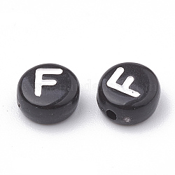 Opaque Acrylic Beads, Letter Style, Horizontal Hole, Flat Round, Letter.F, 7x4mm, Hole: 1.5mm