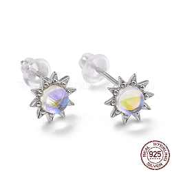 Rhodium Plated 925 Sterling Silver Sunflower Stud Earring Findings, Clear Moonstone Dainty Earrings for Girl Women, Platinum, 7.5x3.4mm, Pin: 0.8mm
