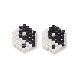 Perle di semi giapponesi fatte a mano, modello telaio, esagramma con tai ji, in bianco e nero, 12x9.5x1.5mm