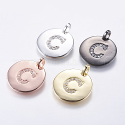 Brass Pendants, with Micro Pave Cubic Zirconia, Flat Round with Letter, Letter.C, 23~23.5x2mm, Hole: 3.5x4mm