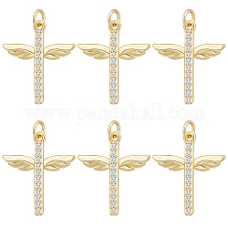 Beebeecraft 8Pcs Brass Micro Pave Clear Cubic Zirconia Pendants, with Jump Ring, Long-Lasting Plated, Cross with Wing, Real 18K Gold Plated, 25x21x3mm, Hole: 3mm