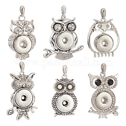 Nbeads 6Pcs 6 Style Alloy Rhinestone Hang Snap Base Pendants, for Interchangeable Snap Charms Jewelry Making, Owl, Antique Silver & Platinum, 43~52.5x27~45x5~8mm, Hole: 4x7mm, Inner Diameter: 5.5mm, 1pc/style