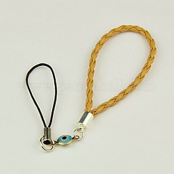 Handmade Lampwork Mobile Straps, with PU Leather Cord, Evil Eye Lampwork Links, Goldenrod, 130mm